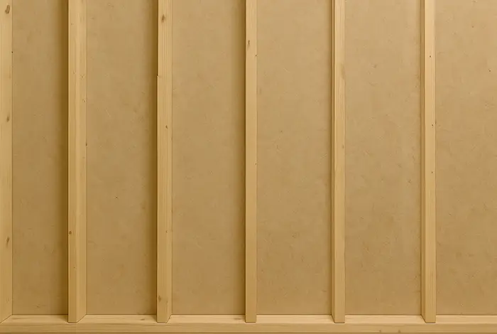 Uninsulated wall with exposed wooden studs and sheathing before spray foam installation. Uninsulated wall with exposed wooden studs and sheathing before spray foam installation.