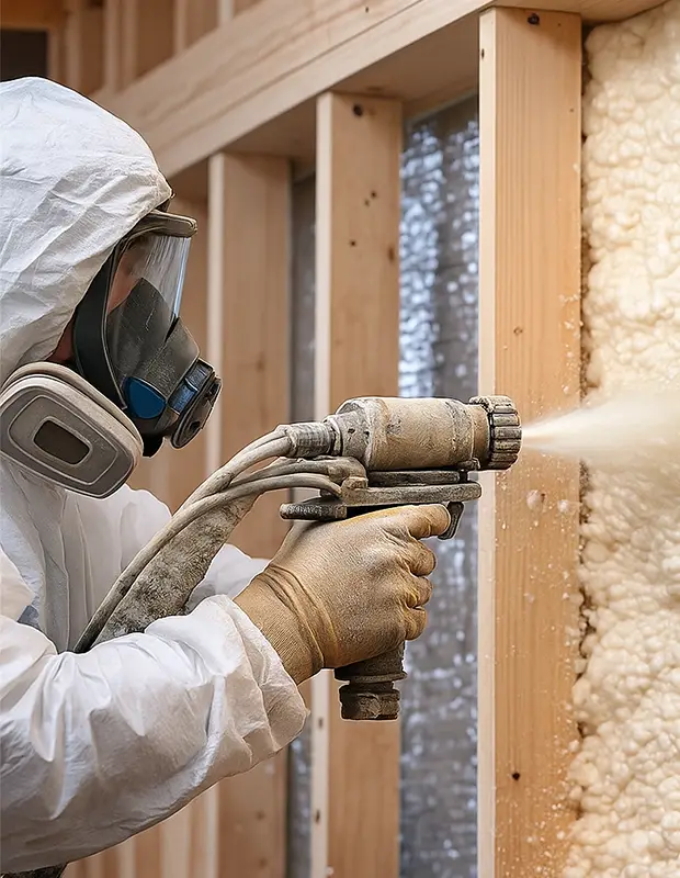 Professional applying spray foam insulation to wall cavities during home energy upgrade, Maple Insulation service photo
