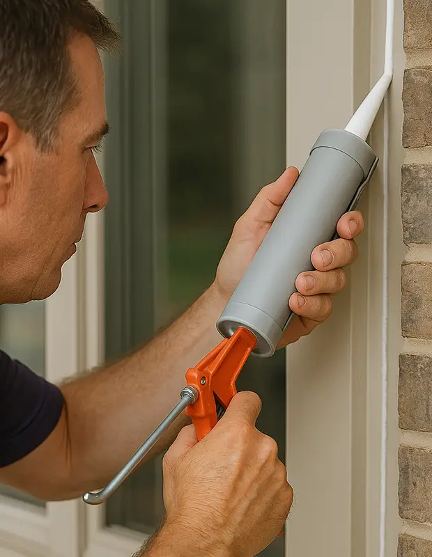 Technician sealing gaps around window frame with foam to reduce air leaks and improve home efficiency, Maple Insulation air sealing service photo