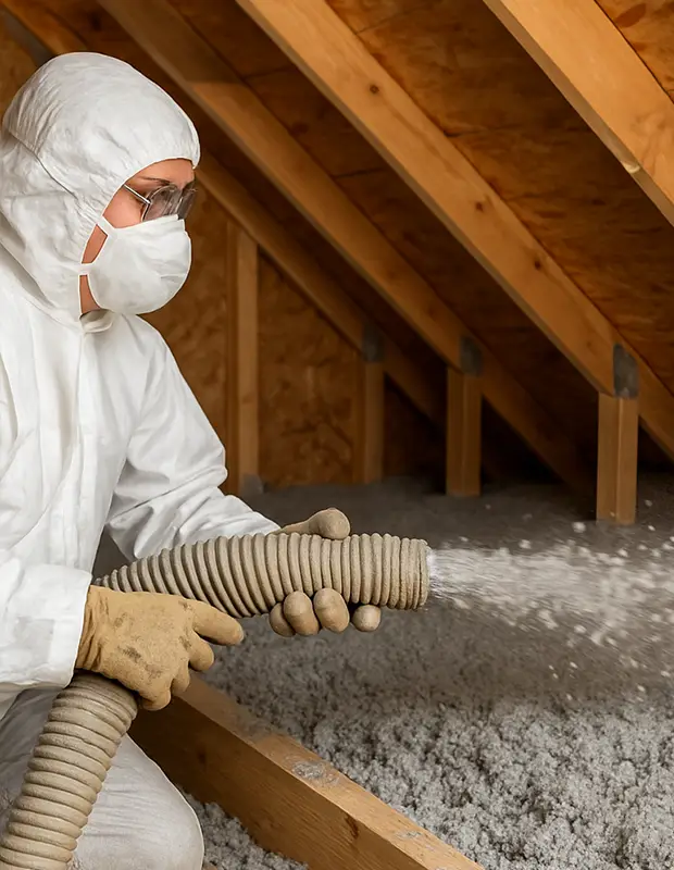 Worker installing blown-in attic insulation with cellulose material to improve energy efficiency, Maple Insulation attic service image